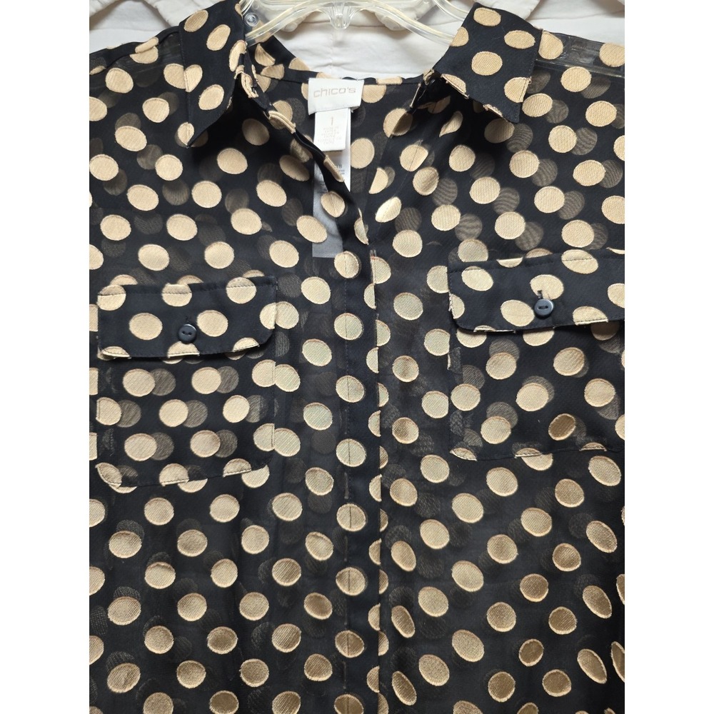 Chico's Women's Sheer Button Up Blouse Raw Dot Long Sleeve Size 1 Large